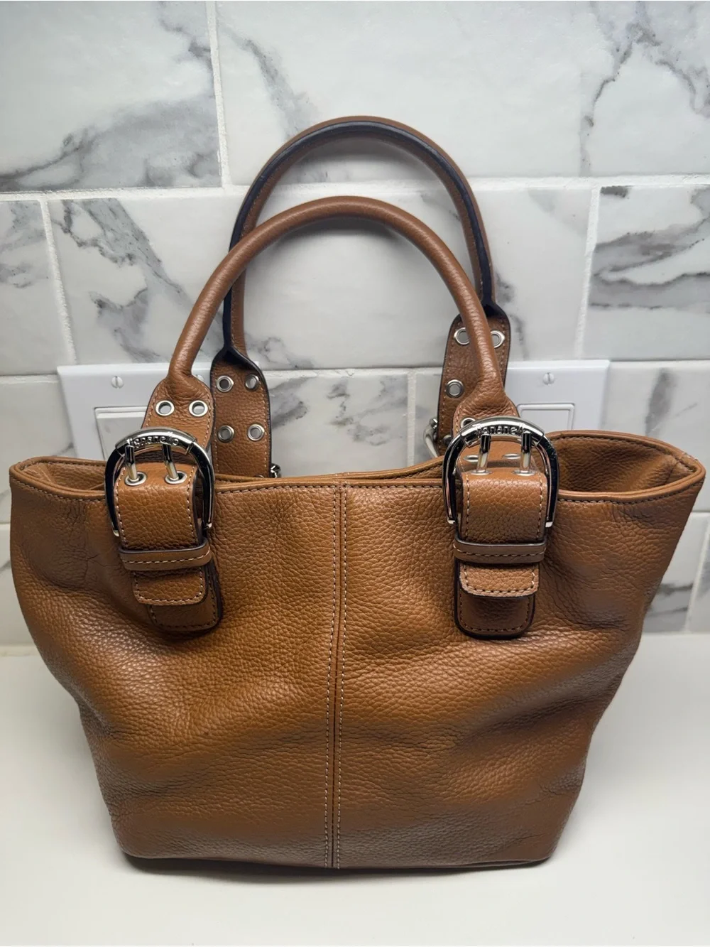 Tignanello Brown Pebbled Leather Tote Shoulder Bag Silver Buckles⁠
